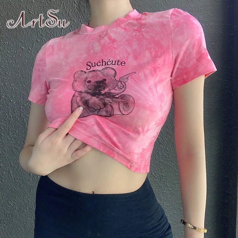 Женский укороченный топ ArtSu розовый с принтом мишки из мультфильма базовая