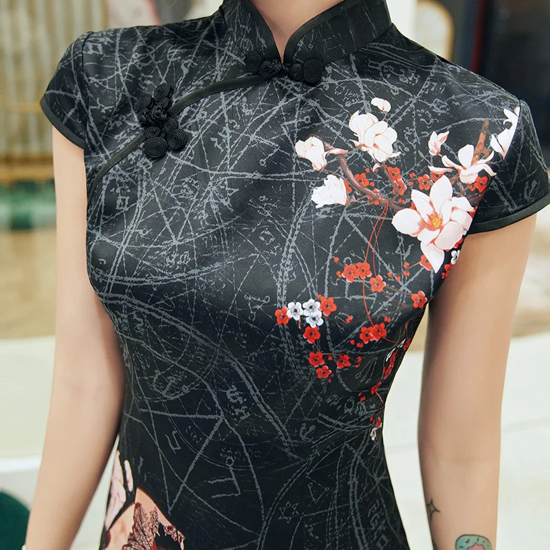 

Women Novelty Vintage Cheongsam Plus Size Oriental Elegant Knee Qipao Dress Party Prom Silk Dress