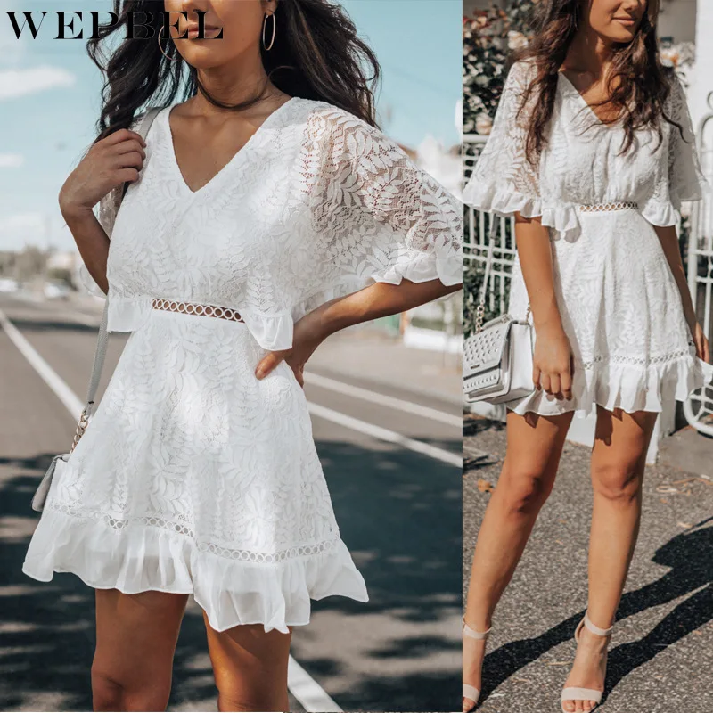 

WEPBEL Dress Women's Casual Solid Color Slim Lace Embroidered Dress Summer Sexy Half Sleeve V-neck Hollow Out High Waist Dress