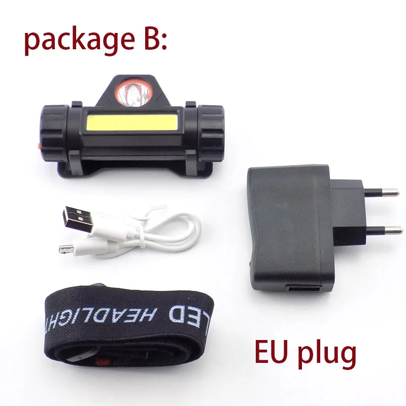 package B EU plug Высокая мощность USB Перезаряжаемый фронтальный налобный мини-светильник-вспышка, головной светильник, 2 светодиодный COB XPE аккумулятор, фонарь для бега, кемпинга - Испускаемый цвет: package B EU plug