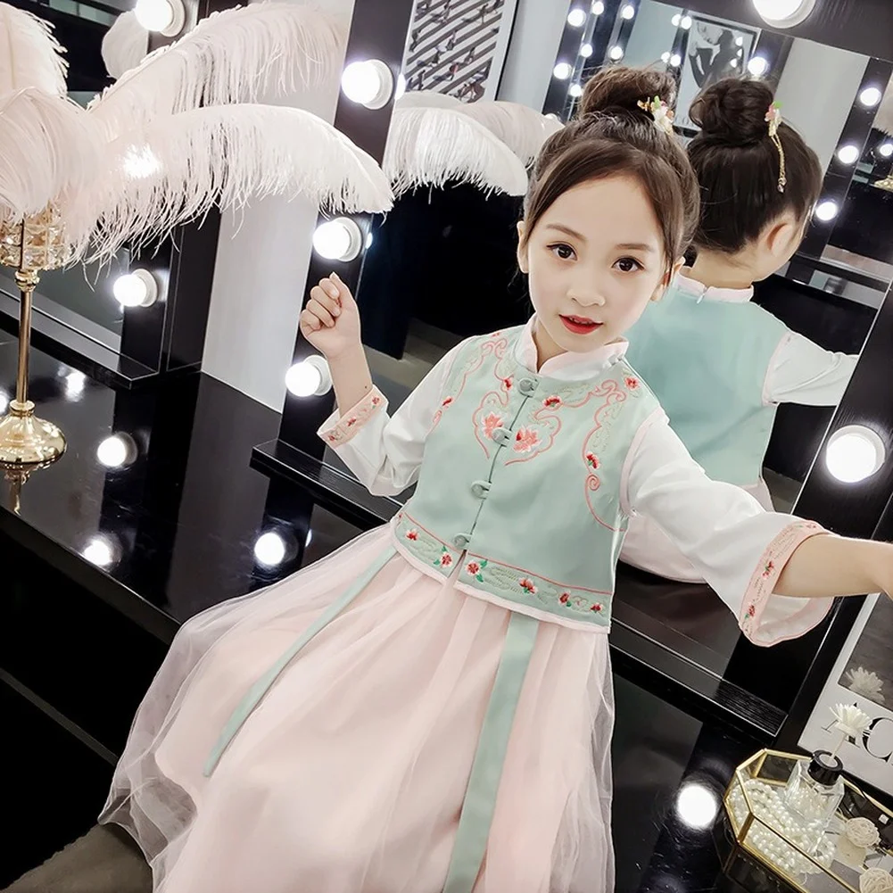 

Girls' Suits Classical Folk Chinese Vintage Traditional Style Tang Suit Children's embroidered vest + two-piece Hanfu suit