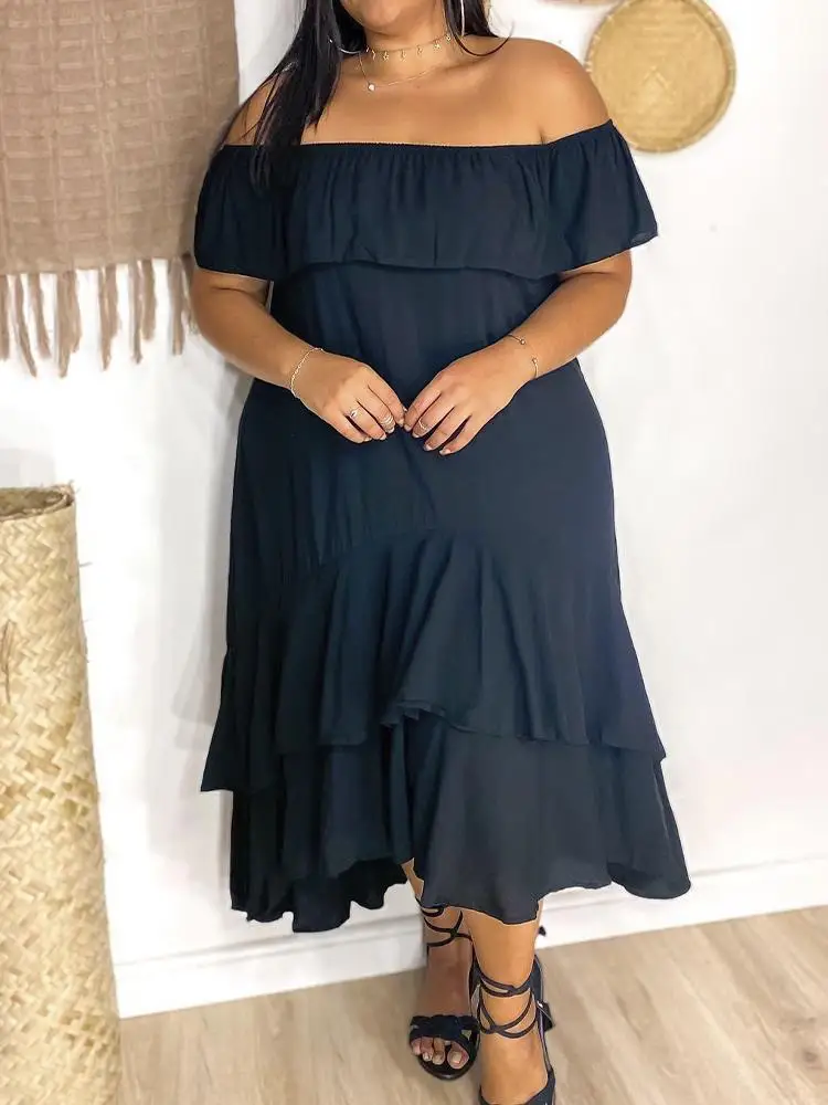 

Off Shoulder Dress Women 2021 Summer Strapless Short Sleeve Solid Ruffles Boho Beach Dress Loose Plus Size Women Clothing
