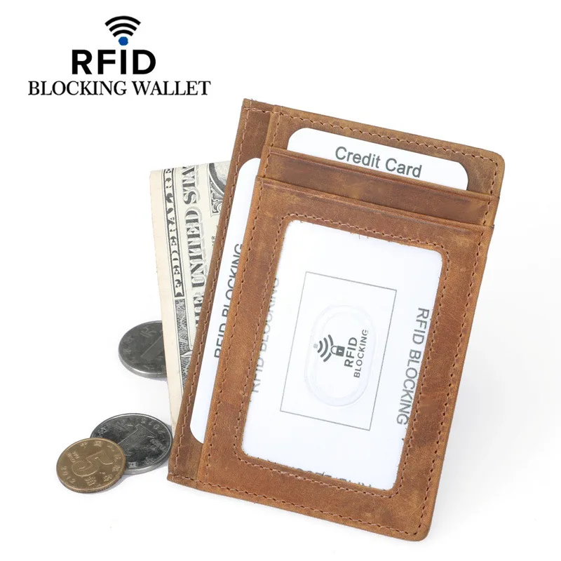 Men's Genuine Leather Card Holder Ultra-Thin RFID Coin Wallet Male Crazy Horse Cowhide Short Paragraph Simple Fashion Bank | Багаж и