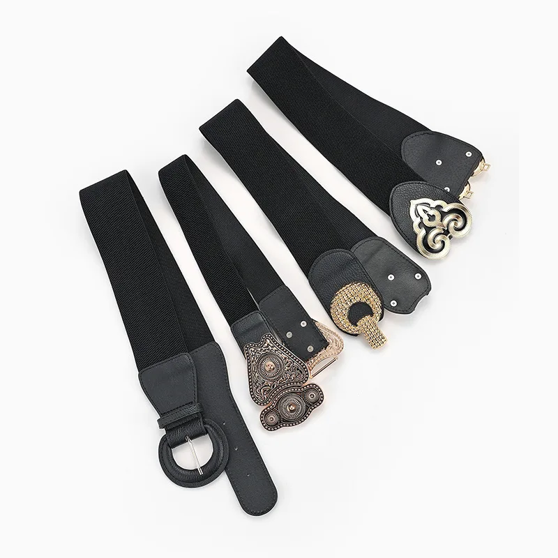 

Fashion Belts for Women Black Waist Belts With Palace Carved Buckle Elastic Ladies Belts Decoration Coat Sweater Dress Waistband
