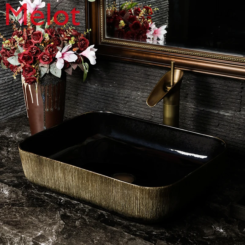 

Square Table Basin Wash Basin Carved New Chinese Style Bathroom Washbasin Ceramic Retro Basin Home Wash Basin