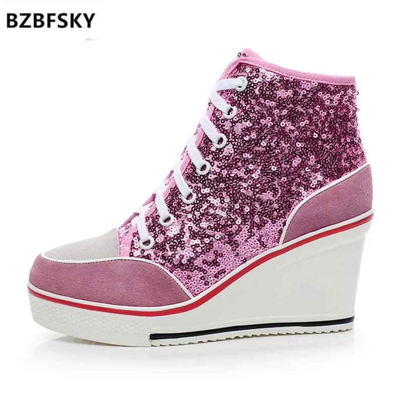 Женские туфли с блестками розовые повседневные спортивные на танкетке Размеры 35