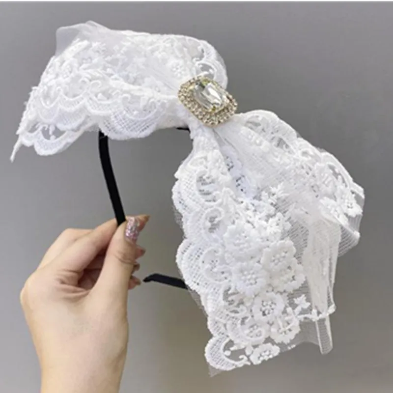 

Fairy Princess Headdress Big Bow Knotted Lace Headbands Crystals Ladies Party Headwear Solid Bowknot Hairbands Women Headbands