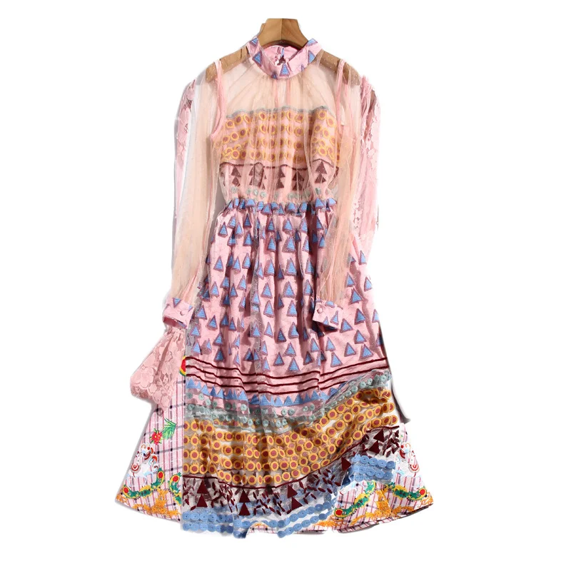 

Женское Сетчатое платье миди с вышивкой, дизайнерское праздничное винтажное шикарное платье с длинным рукавом для отпуска, весна-осень