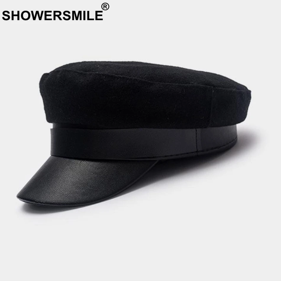 SHOWERSMILE Шерстяная кепка Newsboy s Зимняя Черная кепка женская кожаная плоская кепка s Дамская Элегантная классическая Кепка для британского Бейкера