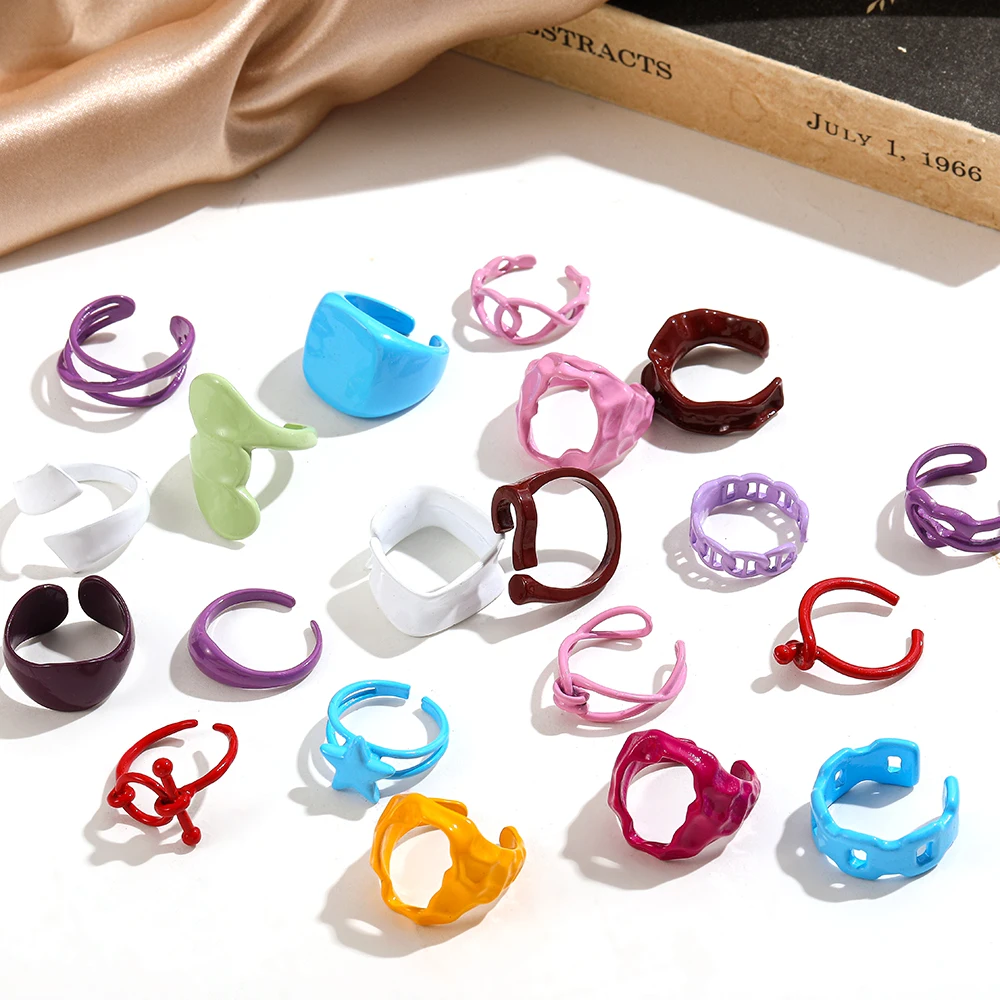 

2021 New Multicolor Irregular Enamel Rings Set For Women Girls Boho Chunky Croissant Chain Stacking Open Rings Female Jewelry