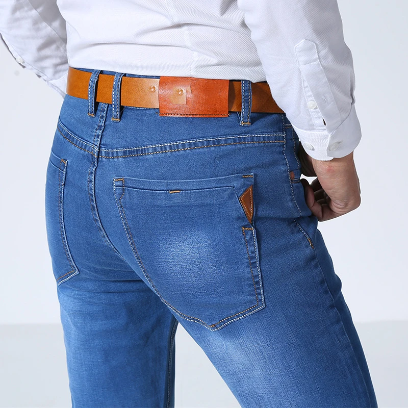 

Classic Style Men Brand Jeans Business Casual Stretch Slim Denim Pants Light Blue Black Trousers Male