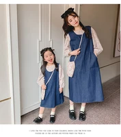 korean style autumn sleeveless vest demin dresslong sleeved floral blouses suits set for girls and women parent child clothing