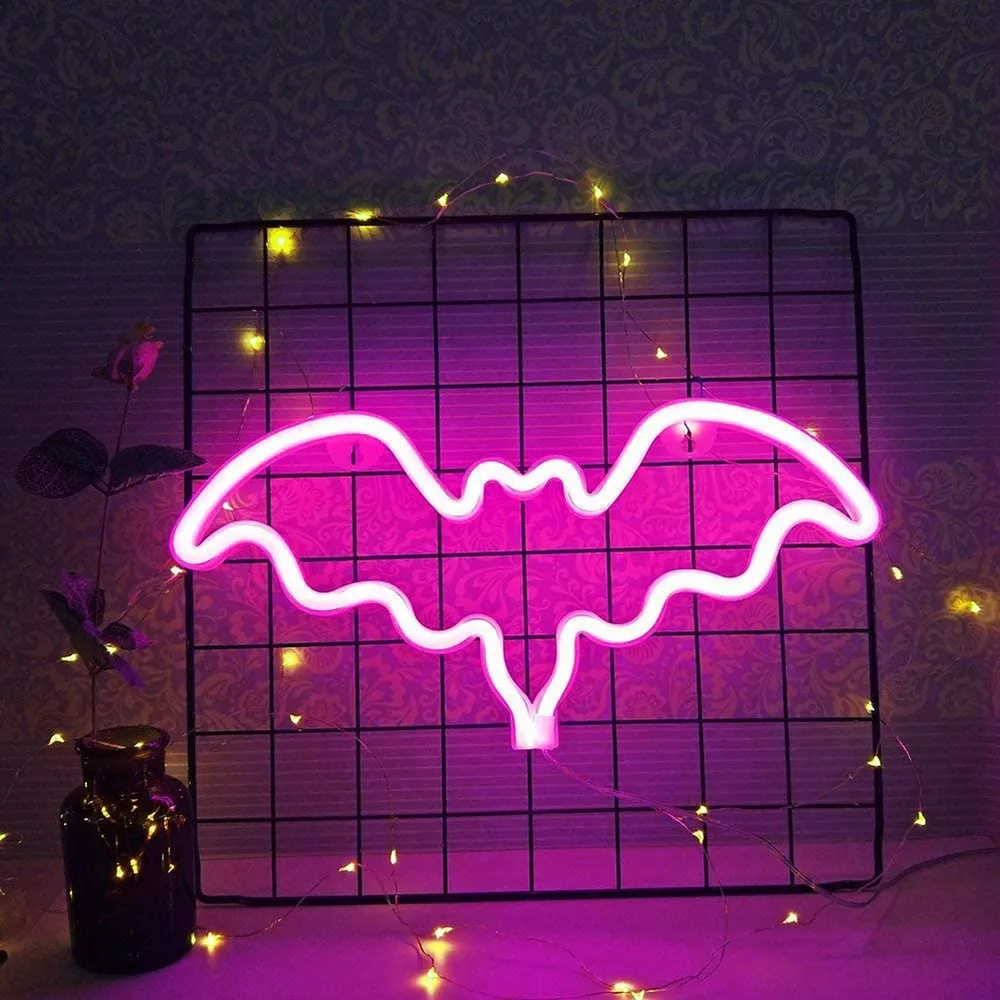 

Pink Bat Neon Signs Night LED Light for Room Wall Decoration Halloween Party Hang Up Decorative Powered by USB and AA Battery