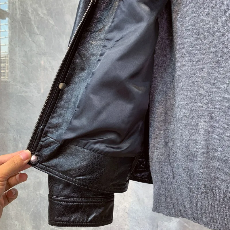 

Men Stand Collar Biker Real Leather Jacket Winter Sashes Slim Short Casual Leather Coat Street Motorcycle Black Outerwear M-3XL