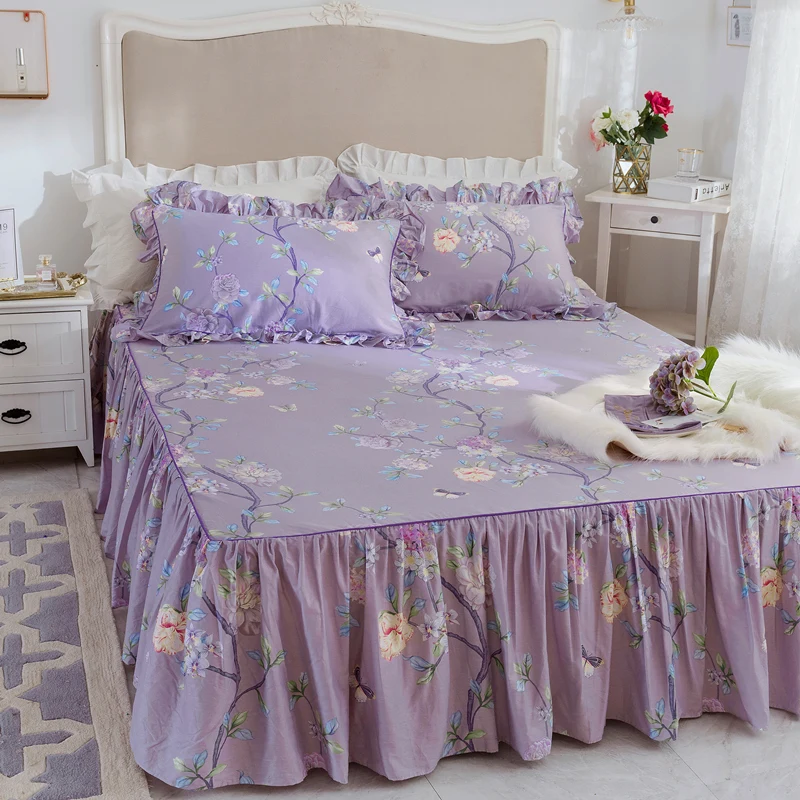 

100% Cotton Purple Bedding Set Twin Queen King Size 4Pcs Luxury Europe Duvet Cover Set Flowers Bed Skirt Pillowcase Bedclothes