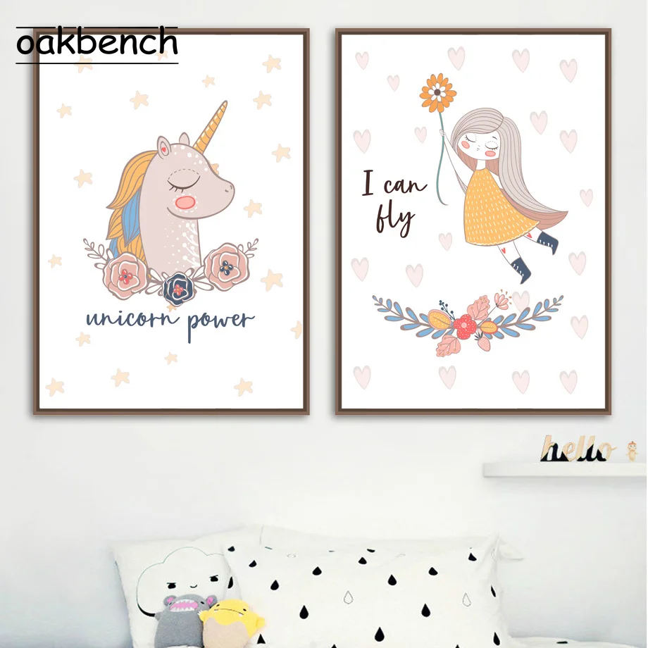 Рождественская Картина на холсте для девочек единорог цветок плакаты животные