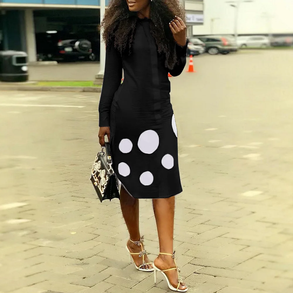 Женское платье-рубашка черно-белое платье в горошек сексуальное с