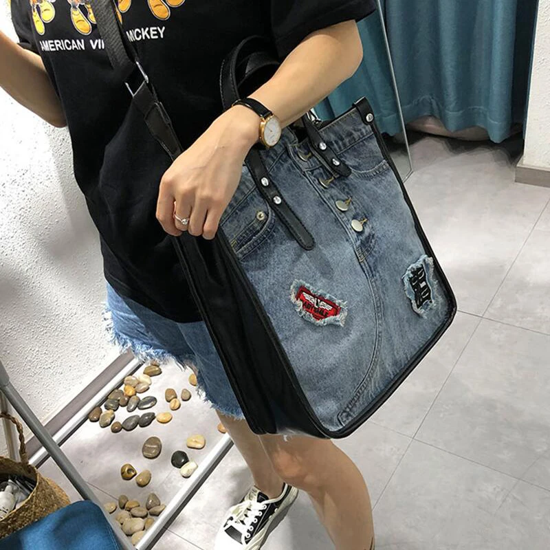 

Fashion Large Pocket Casual Tote Women's Handbag Shoulder Handbags Denim Leather Capacity Bags For Women Bolsas Sac