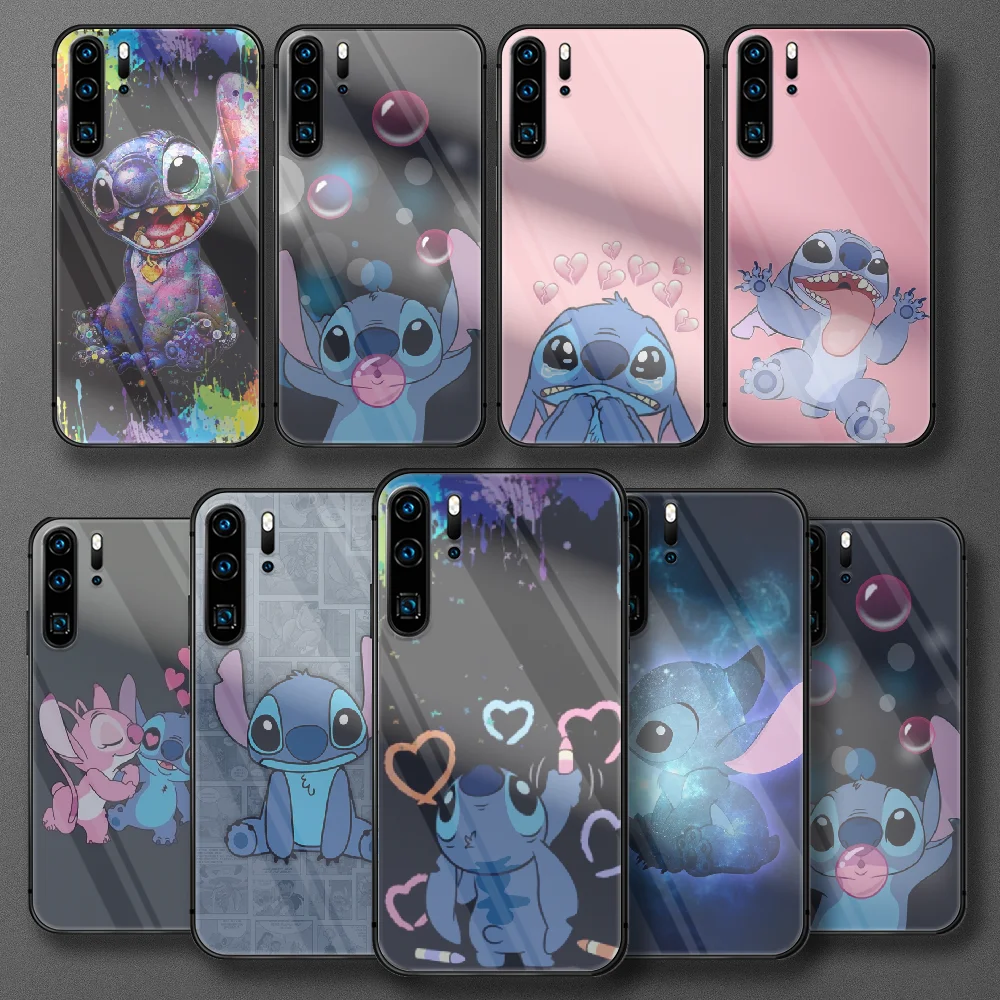 

Cute Cartoon Blue Stitchs Tempered Glass Phone Case For Huawei Honor P 7 8 9 10 20 30 40 50 A X I Pro Lite Cover Coque Black