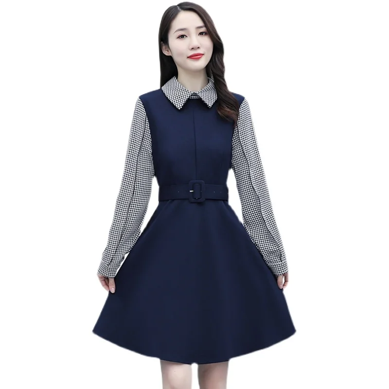 

2021 Spring Office Lady Patchwork Mini Dresses Autumn Vintage Casual Plus Size Long Sleeve Dress Elegant Bodycon Party Vestidos