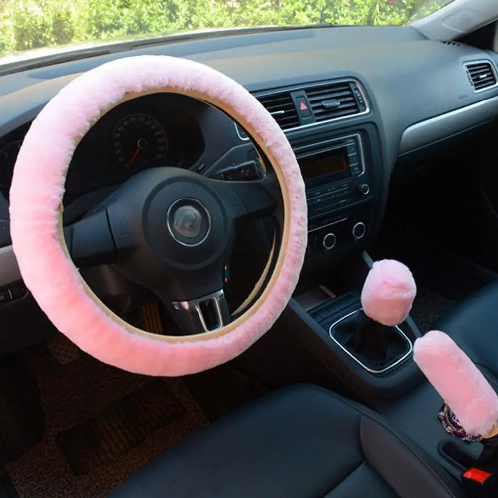 

Hot Universal Car Steering Wheel Cover Gearshift Handbrake Cover Protector Decoration Soft Black Pink Car Interior Accessories