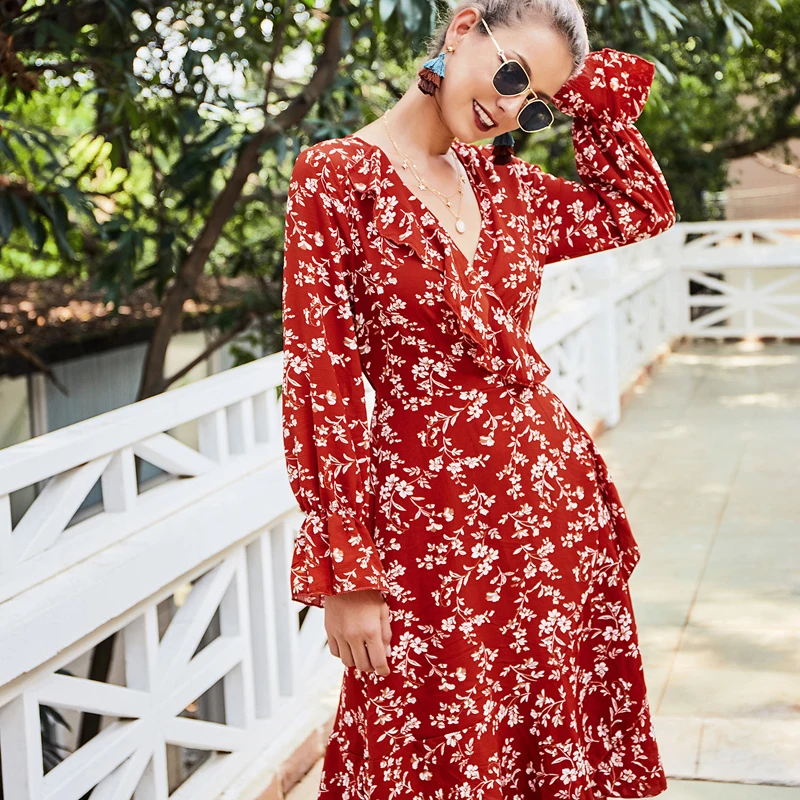 Весеннее платье с цветочным принтом сексуальное v-образным вырезом и