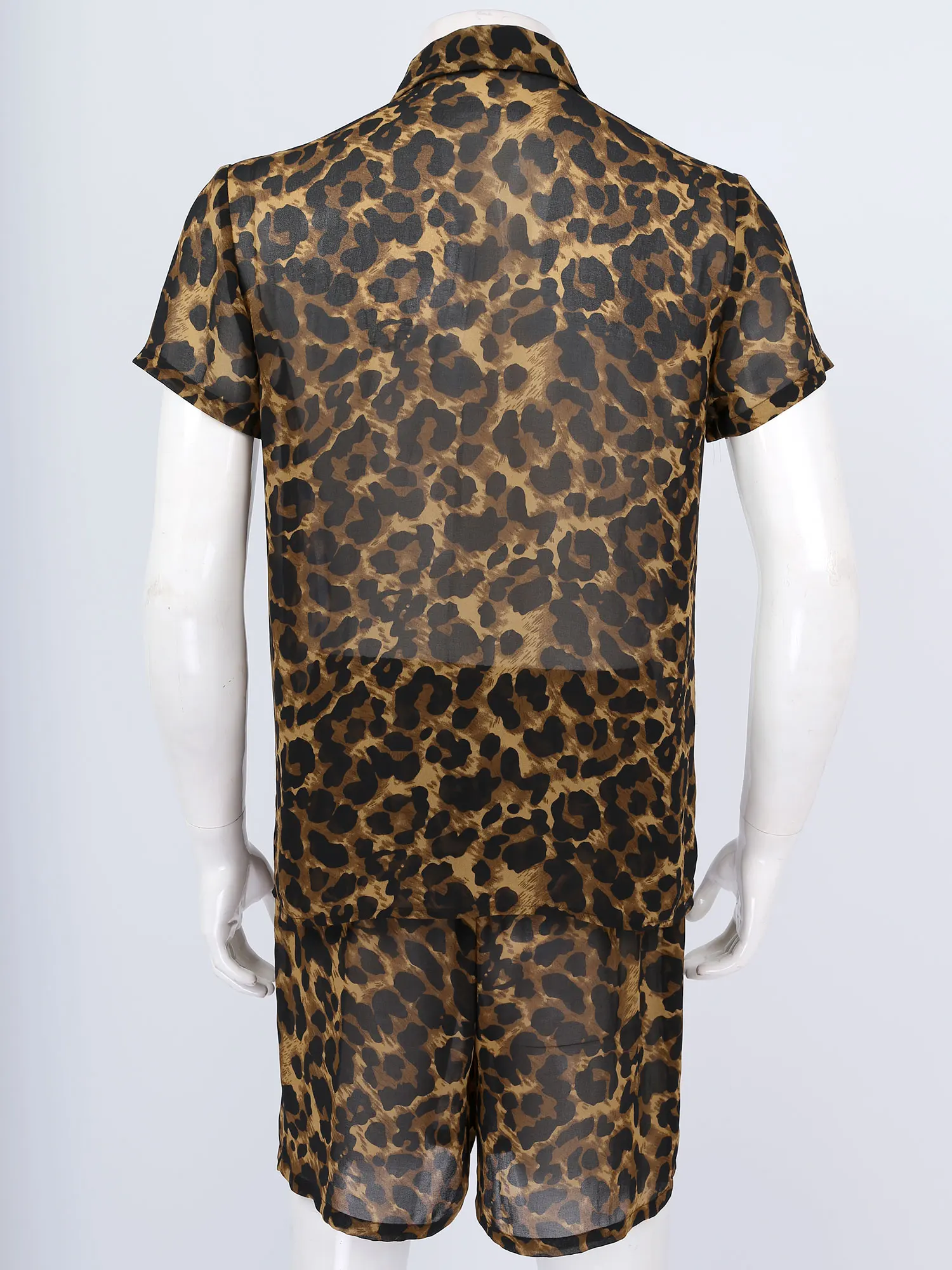 2Piece Men Leopard Beach Set Transparent Turn-down Collar Short Sleeve T Shirt Top with Shorts Pajama Sets Homewear