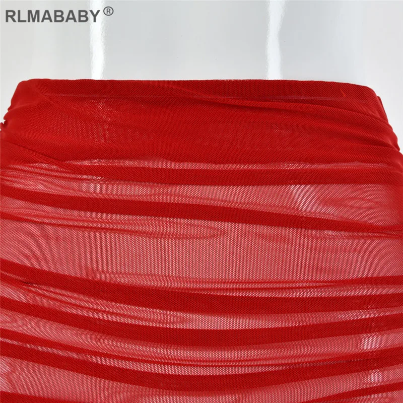 Летние rlmababy пляжные вечерние пикантные сетчатые юбки прозрачные длинные макси Прозрачные юбки Высокая Талия Ruched прозрачные Клубные юбки красного цвета