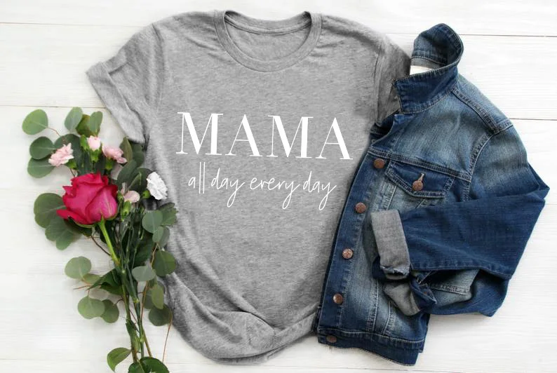 gray tee white text MAMA all day every/футболка Tumblr 90 s, повседневная хипстерская футболка унисекс, стильный топ с короткими рукавами, верхняя одежда с надписью Mama, модная футболка для девочек - Цвет: gray tee white text
