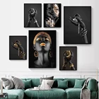 Золотая классическая черная Золотая ручная и Женская картина маслом, Африканское искусство на холсте, плакаты и принты, искусство для гостиной, фрески на холсте