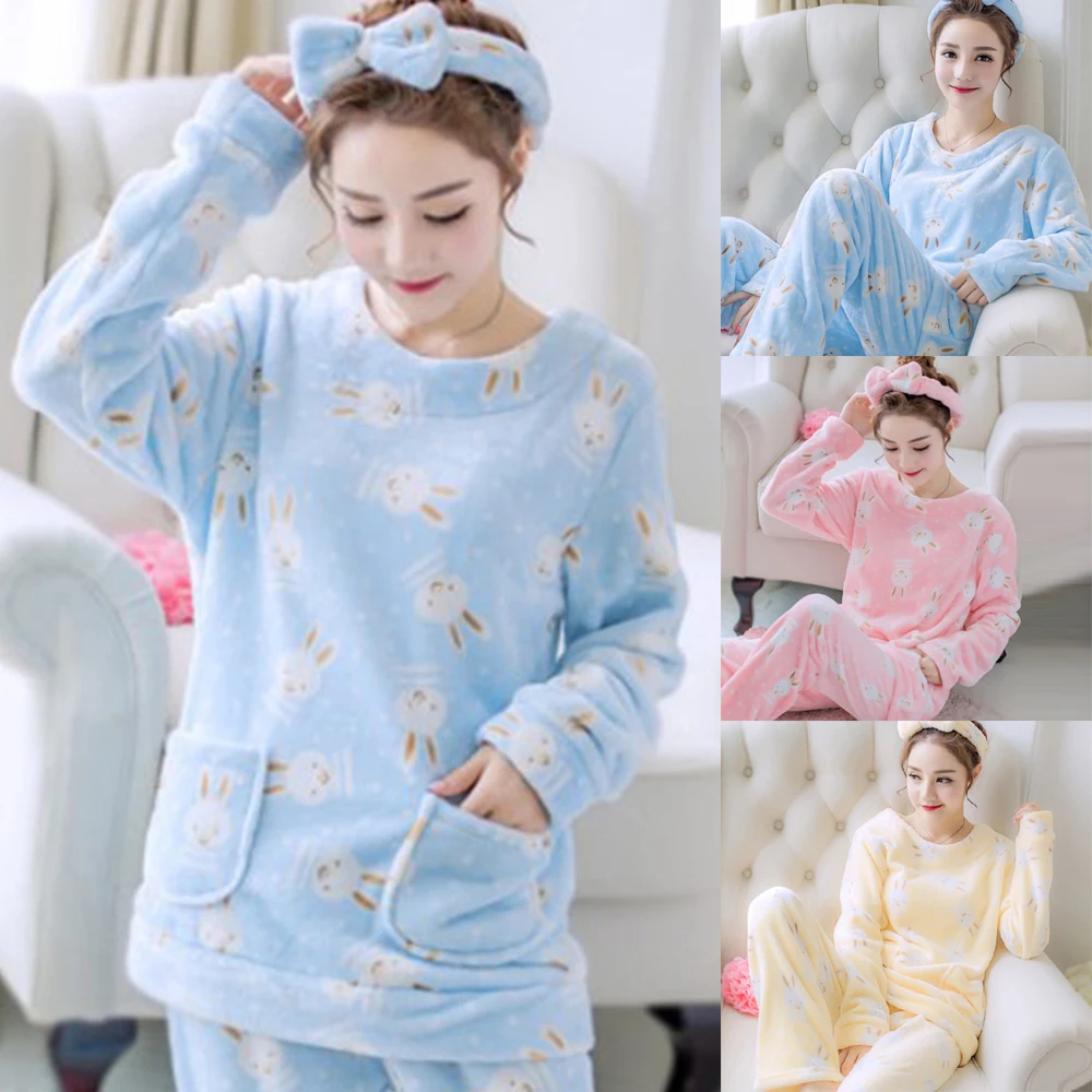 

Cute Women Winter Pajamas Set Women Sleepwear Warm Flannel Long Sleeves Soft Pajamas Pink Cute Animal Homewear Thick Home Suit