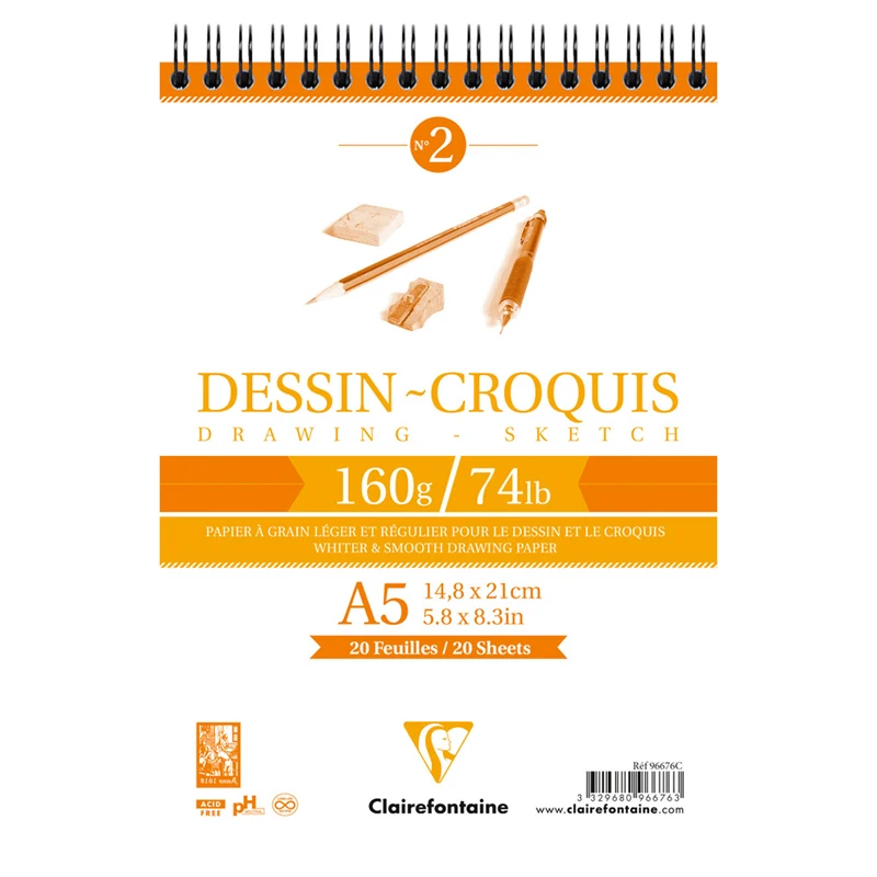 Блокнот для эскизов и зарисовок 35л. а5 на гребне clairefontaine &quotdessin croquis&quot 160г/м2|Ленты