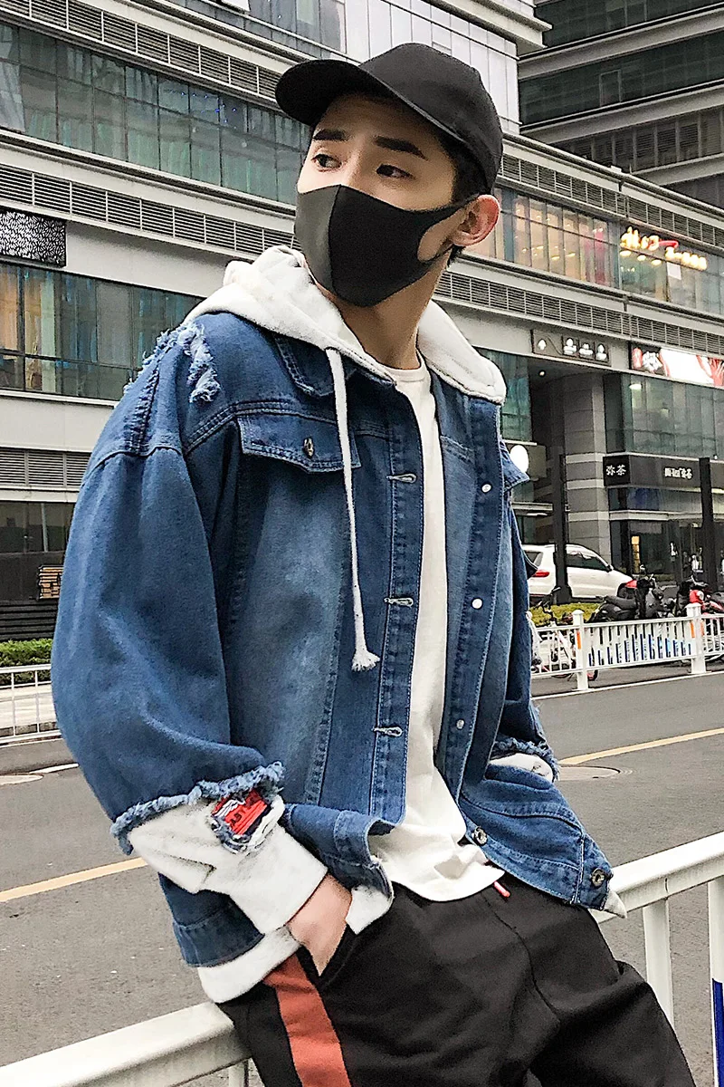 Куртка мужская джинсовая с капюшоном модная уличная одежда в стиле хип-хоп