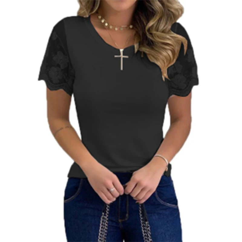 

Женская Однотонная футболка с круглым вырезом, элегантная Кружевная футболка составного кроя с коротким рукавом, Y2k, лето 2021