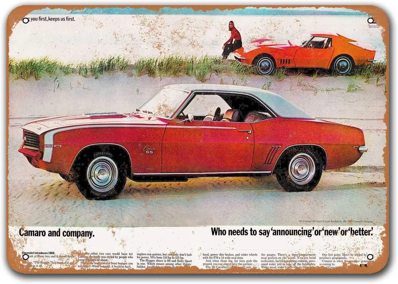 

1969 Camaro SS Car Metal Tin Sign, Vintage Plaques Poster Garage Pub Retro Wall Decor 12x8 inch