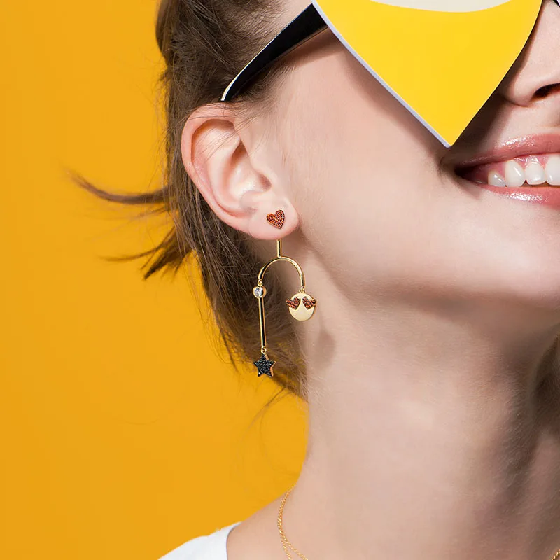 

925 Sterling Silver Yellow Gold Color Funny Emoticon Earrings with Love Heart Star Zircon CZ Women Fashion Brand Jewelry