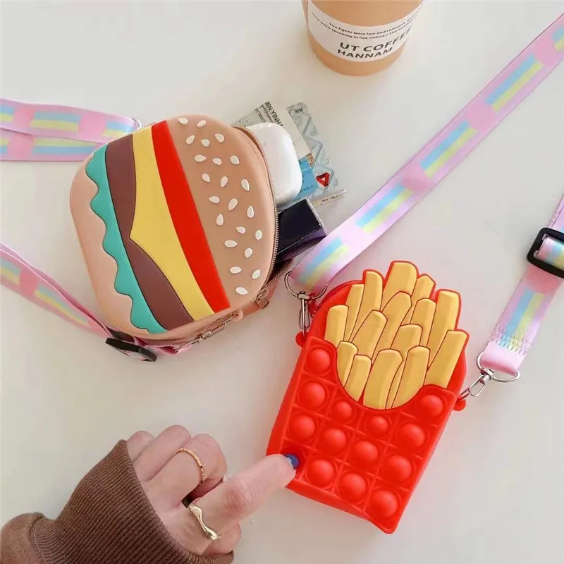 

Cute Hamburg fries Soft silicone Push Bubble Card package Phone case Wallet cover gifts kids Earphone portable Oblique cross bag