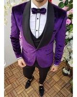 handsome purple velvet smoking jacket men suits 3 pieces slim fit wedding tuxedo groom prom blazer terno masculino costume homme