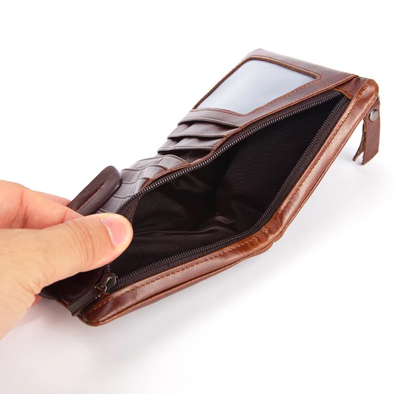 Retro fashion first layer cowhide zipper short coin purse simple casual natural genuine leather Multiple card slots wallet men