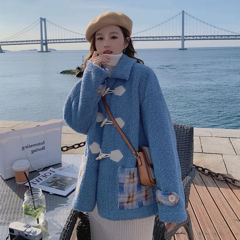 

Winter Coat Women Jacket Solid Horn Button Outwear Coat Faux Lamb Fur Jacket Warm Thick Vintage Loose Ladies Coat Teddy Jacket