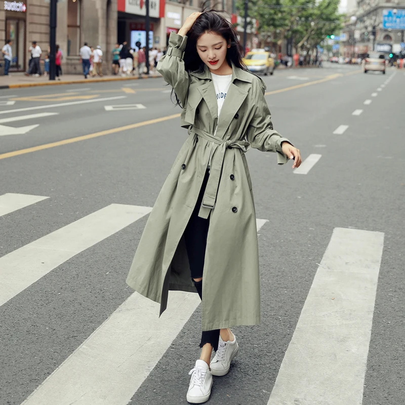England Style Double-Breasted Long Women Trench Coat Belted with Flaps Spring Autumn Lady Windbreaker Duster Coat Female Clothes