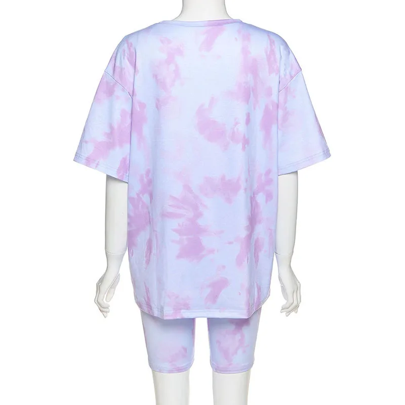 

Women Two Piece Set Summer Tie Dye Short Sleeve Top Shirt And Biker Shorts Casual 2 Piece Set Streetwear Outfits Tracksuits Plus