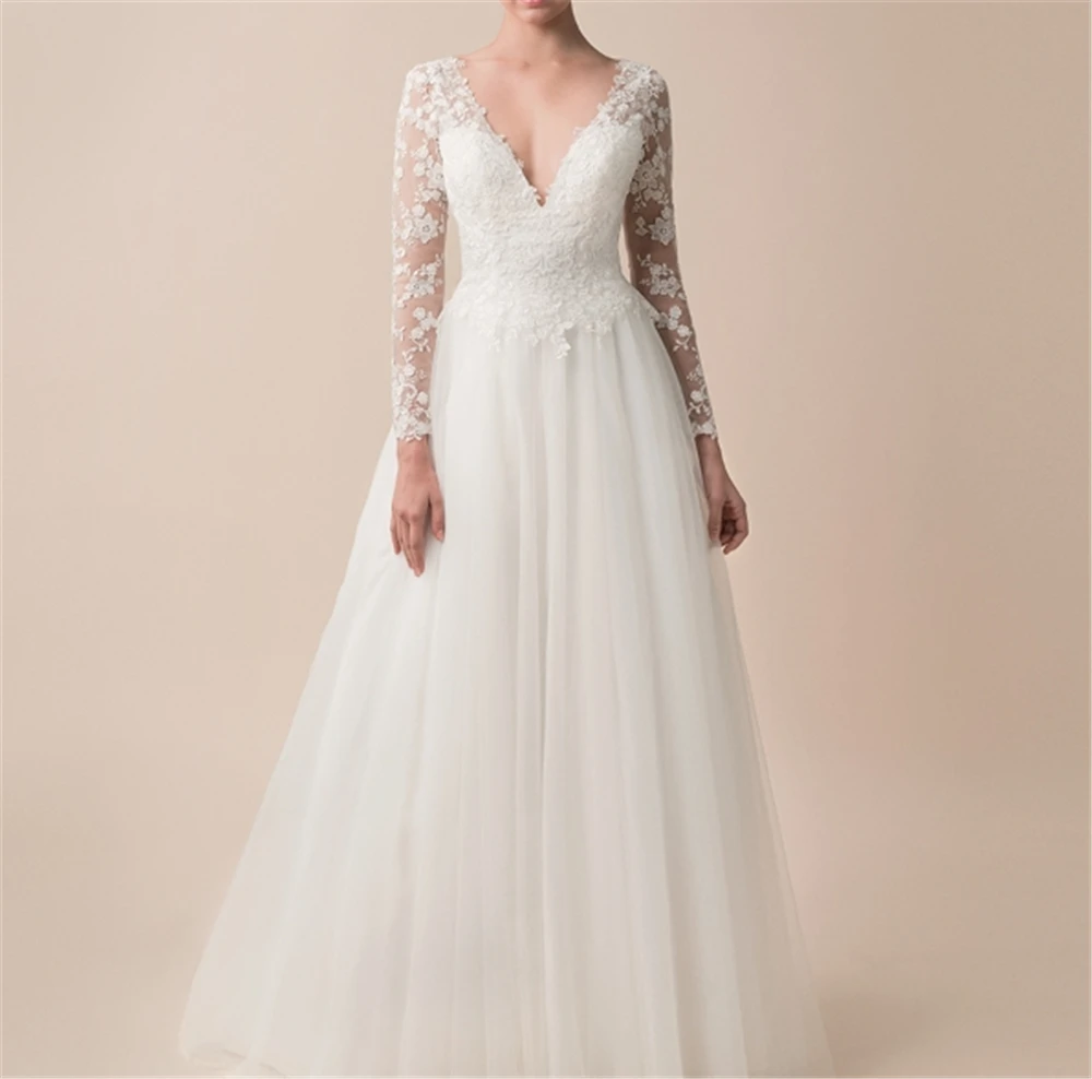 

Backless Ivory Deep V-Neck Full Sleeves Beach Wedding Dress Plus Size Court Train Full-Length Lace And Tulle beach wedding dress