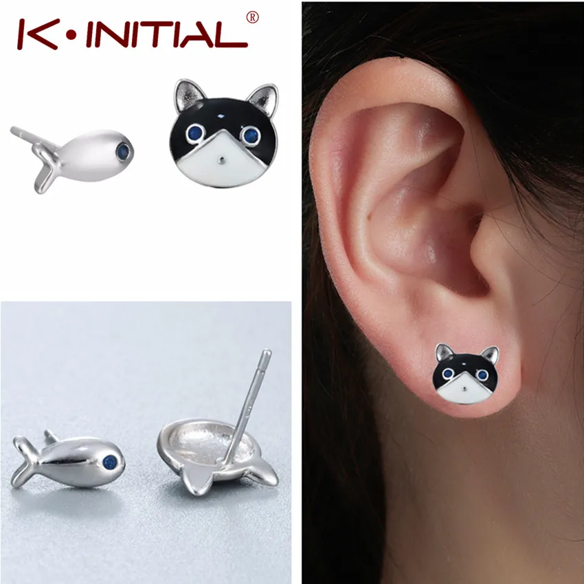 Женские серьги с эмалью Kinitial асимметричные маленькими синими кристаллами в виде