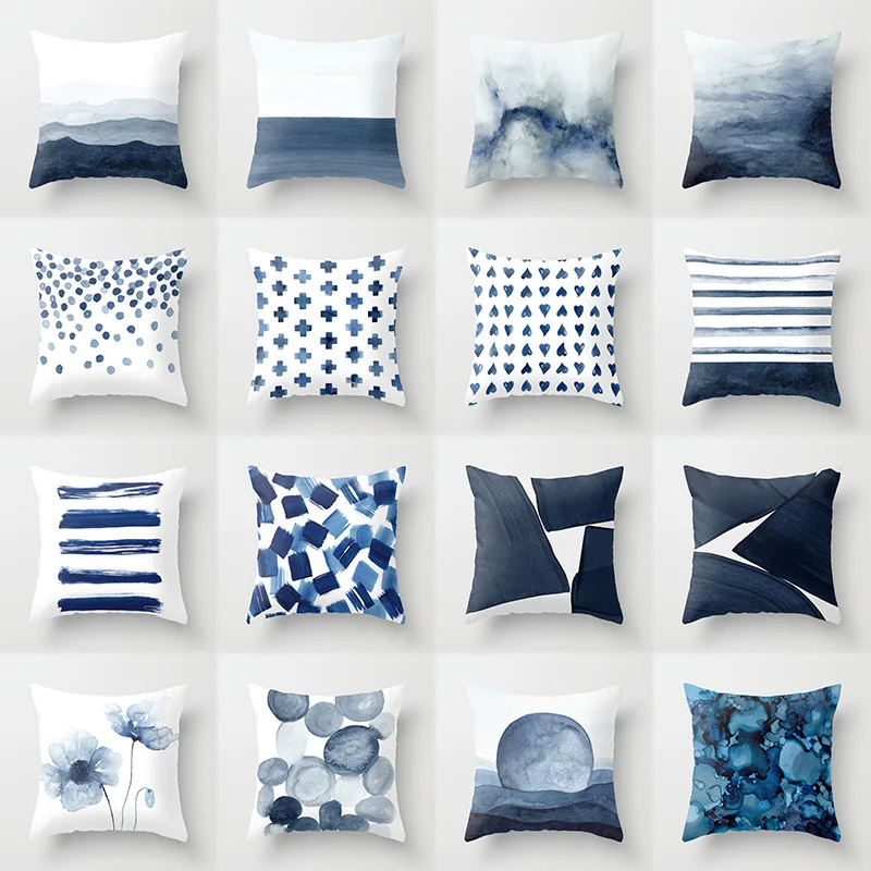 

45*45cm Ink Blue Landscape Pillowcase Waist Cushion Cover Sofa Printing Pillowcase Car Decoration Household Articles 1PC