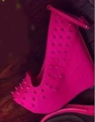 Fashion Rivets Wedge Shoes Fuchsia Yellow Studded Ankle Strap High Platform Wedges Punk Style Party Dress Shoes Size 42
