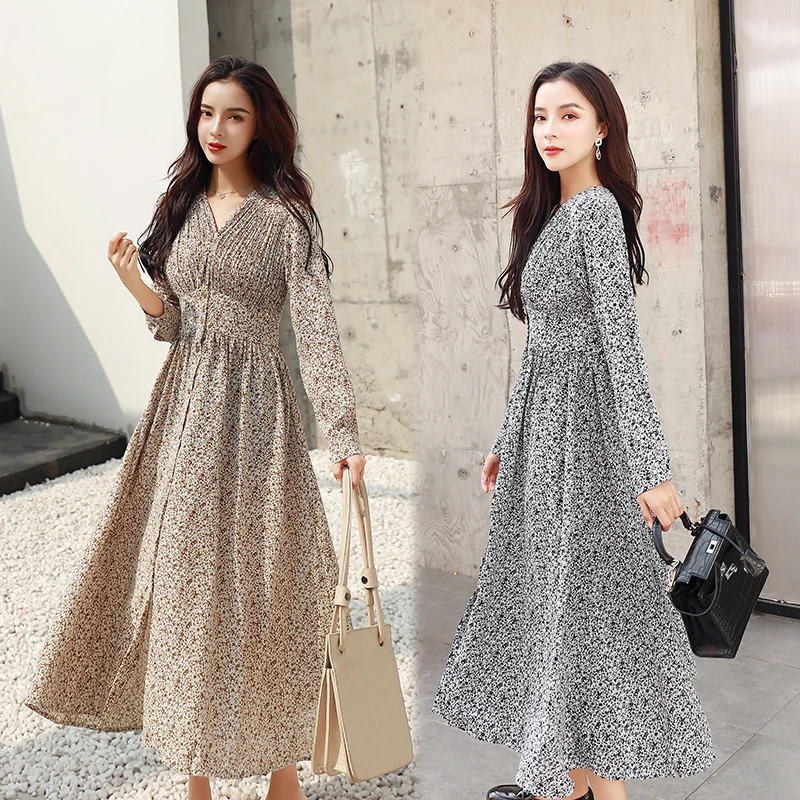 

Women Maxi Chiffon Small Flower Dress Spring Summer 2022 Elegant Long Sleeve Korean Casual Party Vacation Runway Vestidos New