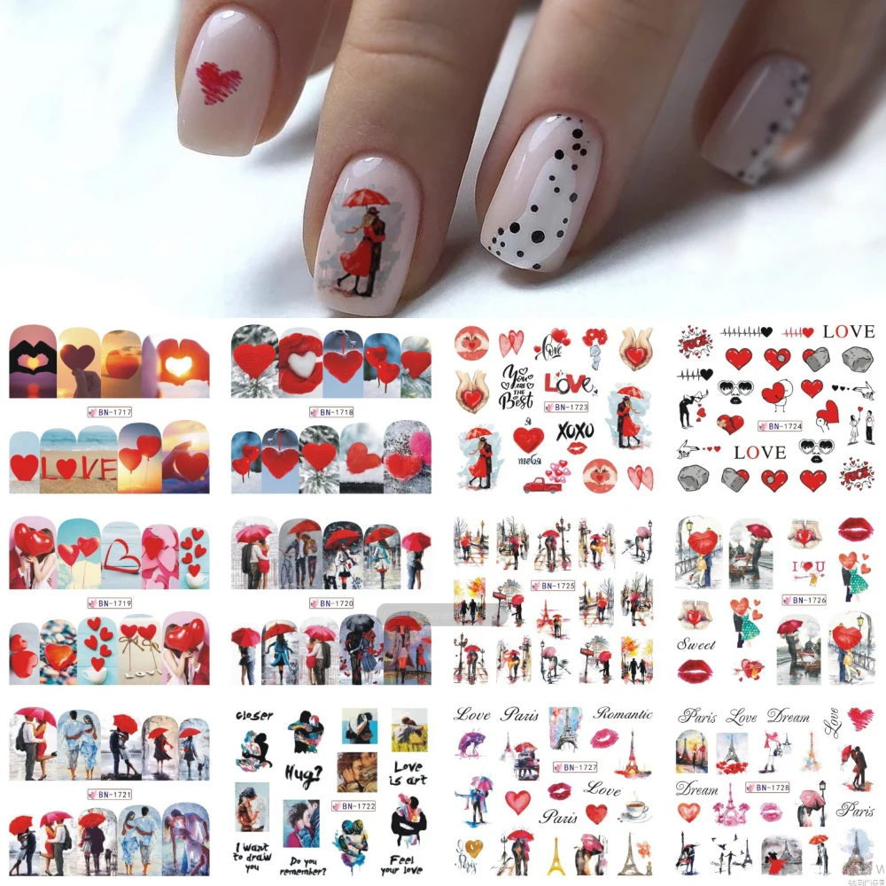 12 Дизайнов абстрактные женские Слайдеры для ногтей маникюра любовь сердце перо