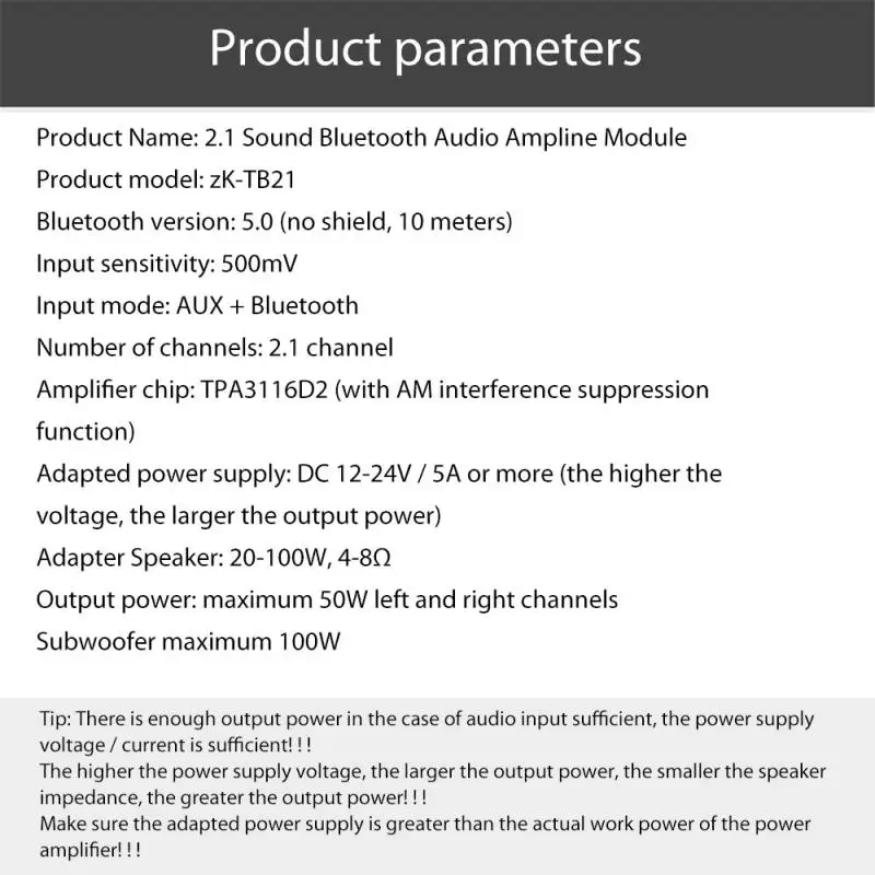 

Bluetooth 5.0 2*50W AUX Wuzhi ZK-TB21 Digital Power Amplifier Board Speaker 2.1 CH Stereo Home Music Wireless Module Audio AMP