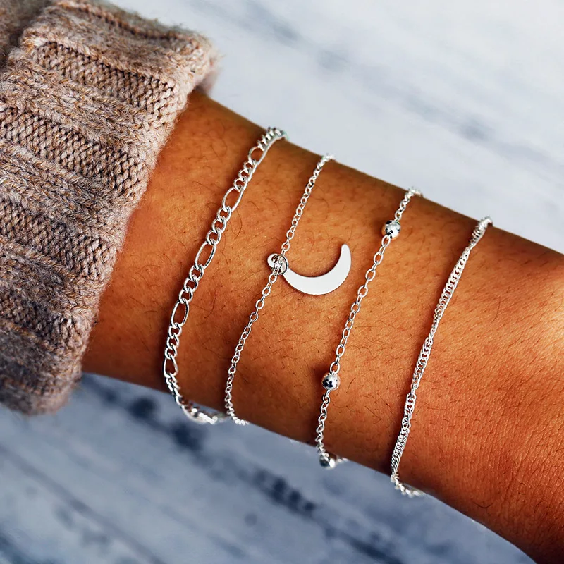 

Gold Silver Color 4 Layer Small Alloy Beads Moon Bracelets & Bangles for Women New Arrived Party Jewelry Accessories